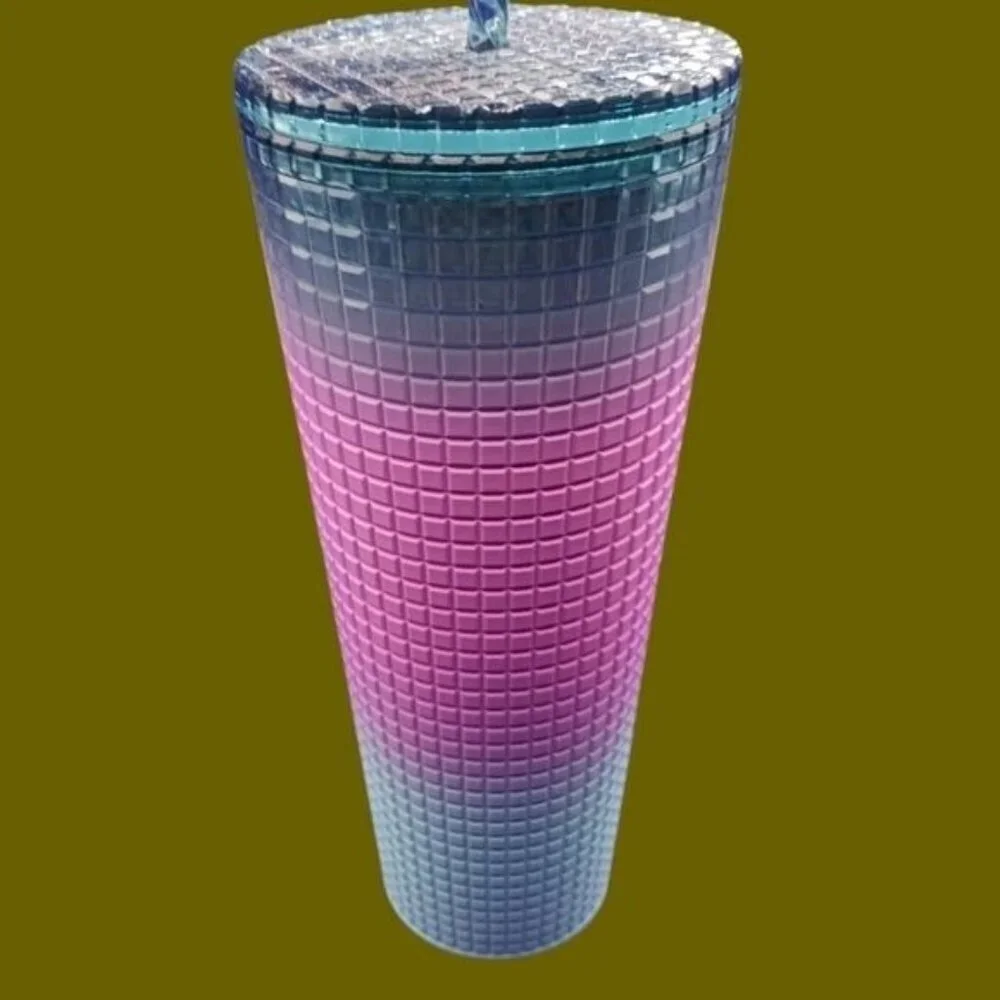 Starbucks 2024 valentines tri color 24oz tumbler with straw pink/teal/blue